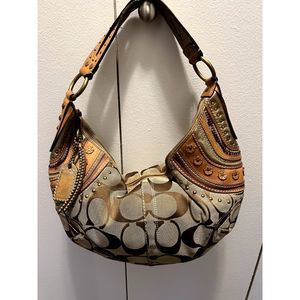 Coach Half Moon Tooled Purse bag Monogram Canvas Leather